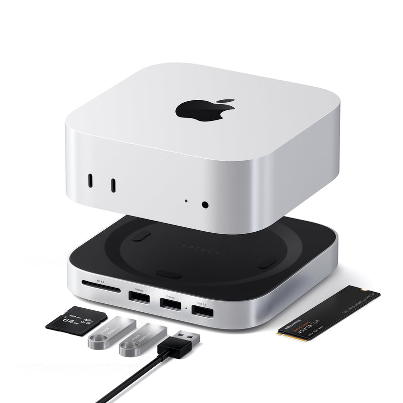 SATECHI Mac Mini M4 Hub & Stand with NVMe SSD Enclosure, Dock with 2 USB-A 10Gbps, USB-A Data Port, SD Card Reader for Mac Mini M4, M4 Pro - Silver
