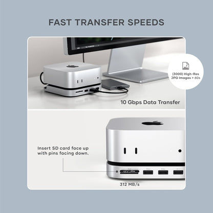 SATECHI Mac Mini M4 Hub & Stand with NVMe SSD Enclosure, Dock with 2 USB-A 10Gbps, USB-A Data Port, SD Card Reader for Mac Mini M4, M4 Pro - Silver