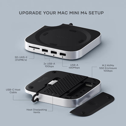 SATECHI Mac Mini M4 Hub & Stand with NVMe SSD Enclosure, Dock with 2 USB-A 10Gbps, USB-A Data Port, SD Card Reader for Mac Mini M4, M4 Pro - Silver