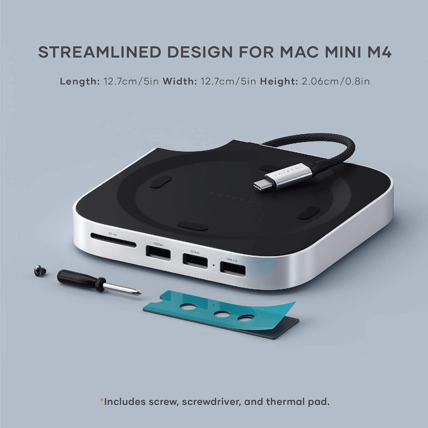 SATECHI Mac Mini M4 Hub & Stand with NVMe SSD Enclosure, Dock with 2 USB-A 10Gbps, USB-A Data Port, SD Card Reader for Mac Mini M4, M4 Pro - Silver