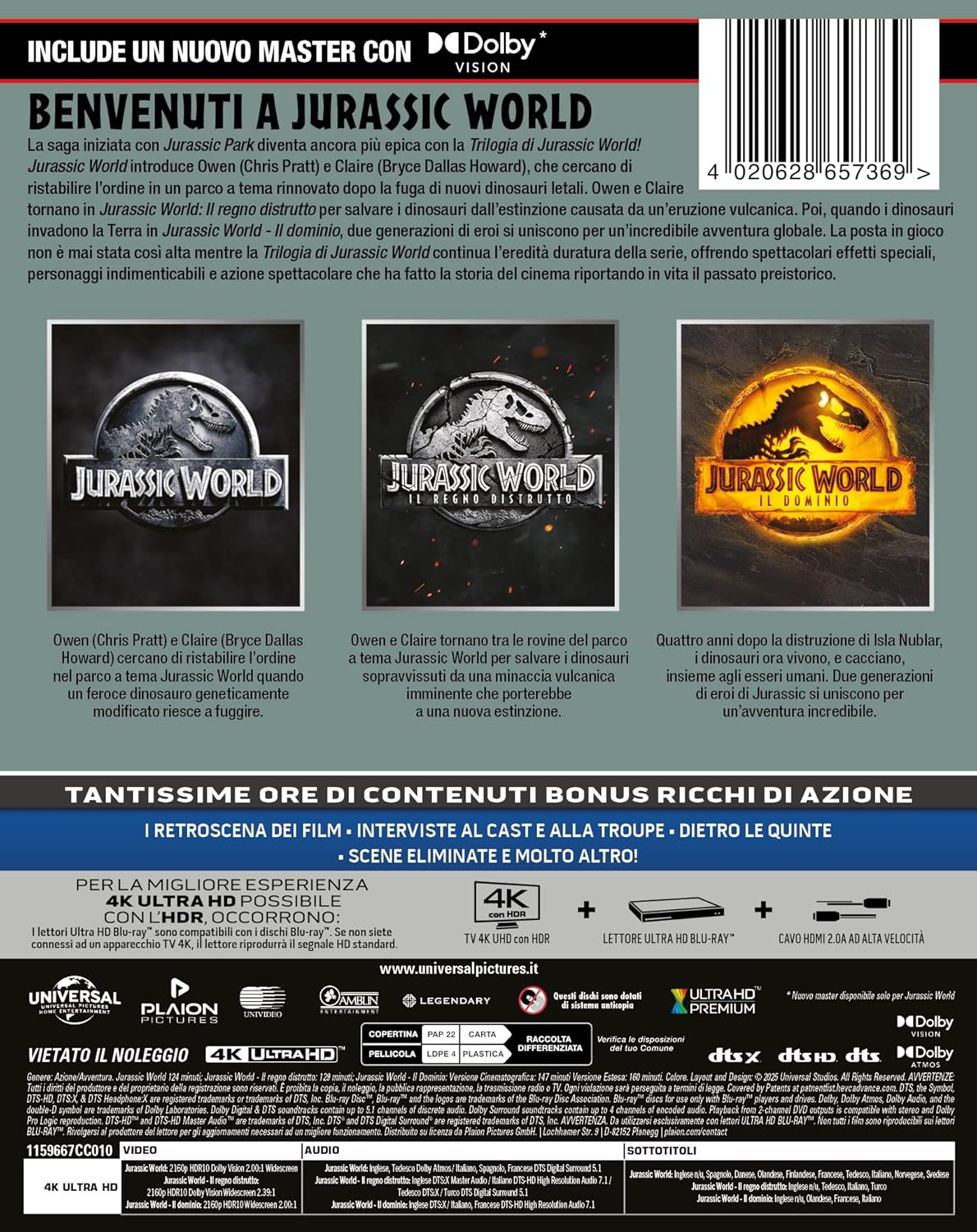 Blu-Ray 4K Uhd Jurassic World Trilogy Steelbook (3 4K Ultra Hd)