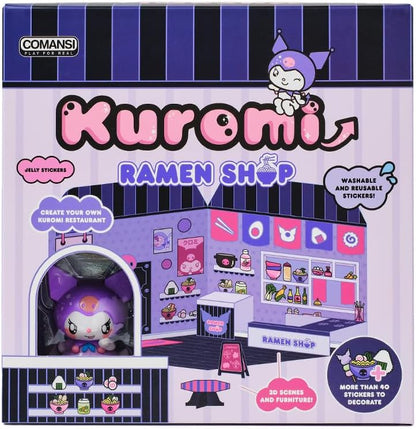 Playset Kuromi Ramen Shop 40+ Stickers and 6cm Figurine | 3D House Restaurant Reusable Stickers | Kawaii Foodcourt Sticker House | Comansi