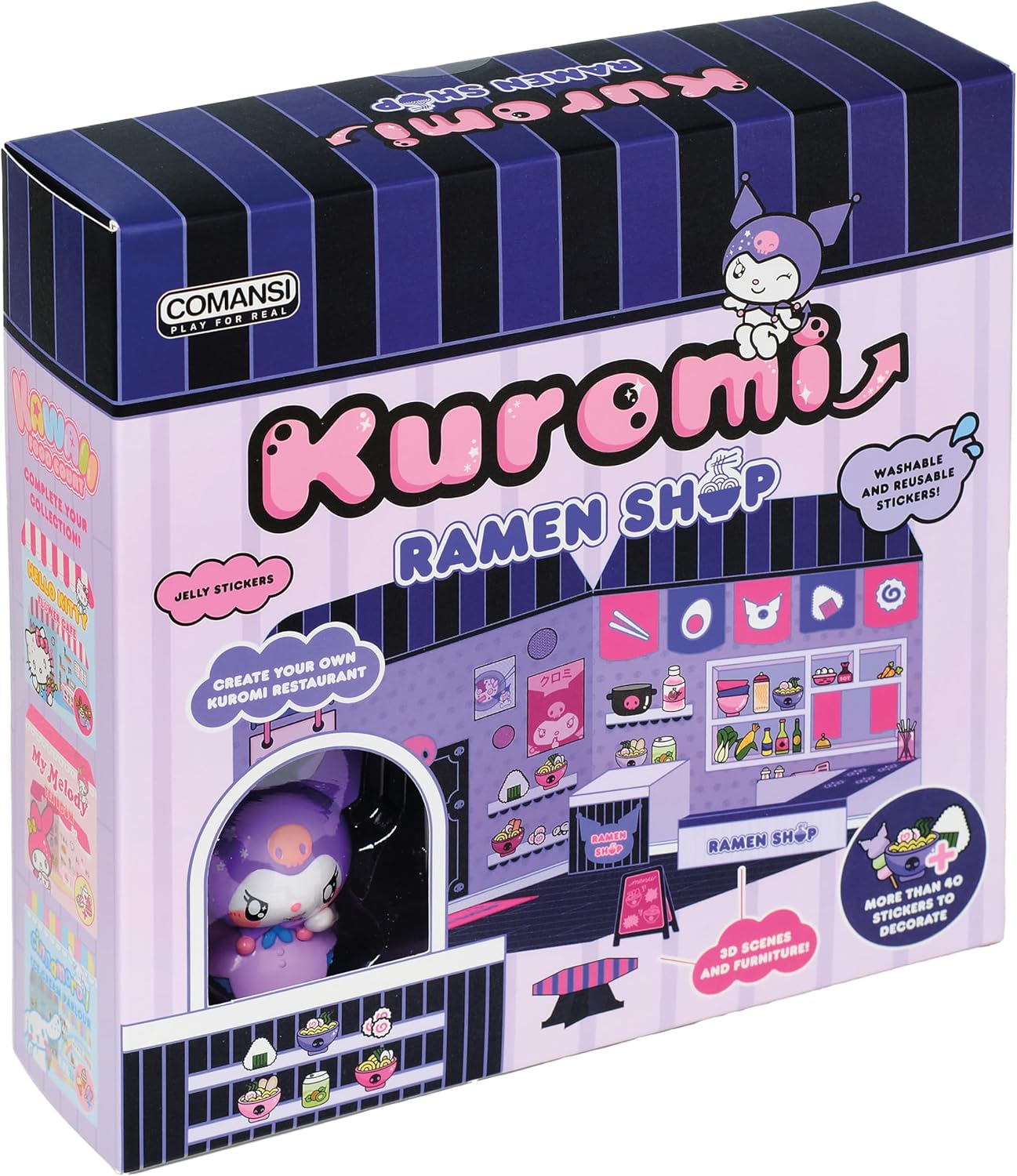 Playset Kuromi Ramen Shop 40+ Stickers and 6cm Figurine | 3D House Restaurant Reusable Stickers | Kawaii Foodcourt Sticker House | Comansi