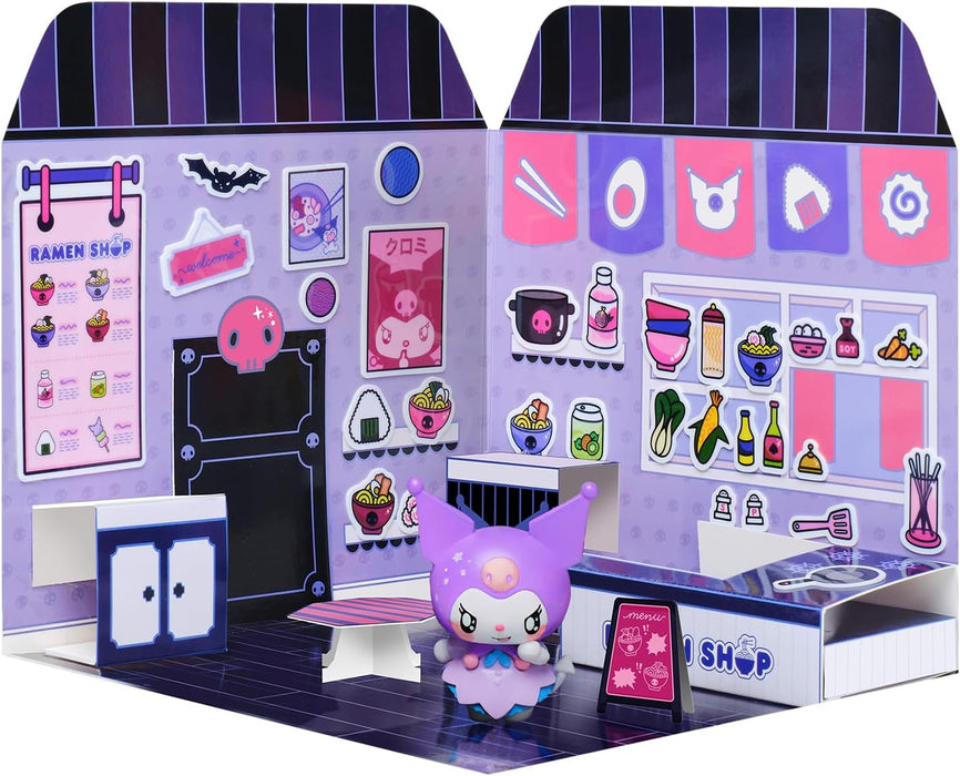 Playset Kuromi Ramen Shop 40+ Stickers and 6cm Figurine | 3D House Restaurant Reusable Stickers | Kawaii Foodcourt Sticker House | Comansi