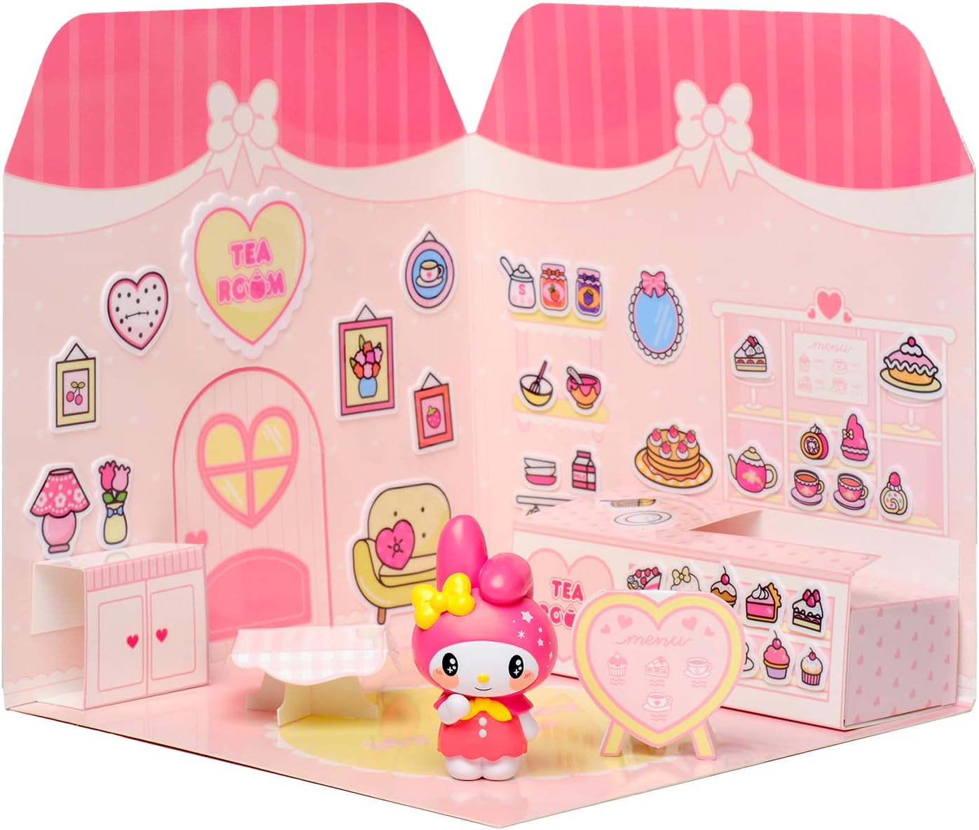 Playset My Melody Tea Room 40+ Stickers and 6cm Figurine | 3D House Restaurant Reusable Stickers | Kawaii Foodcourt Sticker House | Comansi