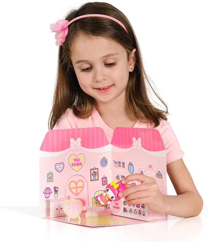 Playset My Melody Tea Room 40+ Stickers and 6cm Figurine | 3D House Restaurant Reusable Stickers | Kawaii Foodcourt Sticker House | Comansi