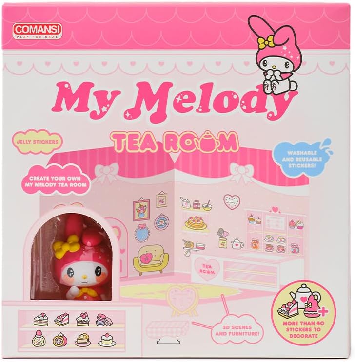 Playset My Melody Tea Room 40+ Stickers and 6cm Figurine | 3D House Restaurant Reusable Stickers | Kawaii Foodcourt Sticker House | Comansi