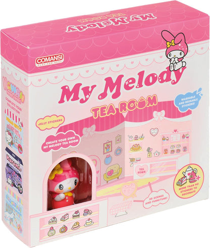 Playset My Melody Tea Room 40+ Stickers and 6cm Figurine | 3D House Restaurant Reusable Stickers | Kawaii Foodcourt Sticker House | Comansi