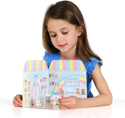 Playset Cinnamoroll Ice Cream Parlour 40+ Stickers and 6cm Figurine | 3D House Restaurant Reusable Stickers | Kawaii Foodcourt Sticker House | Comansi
