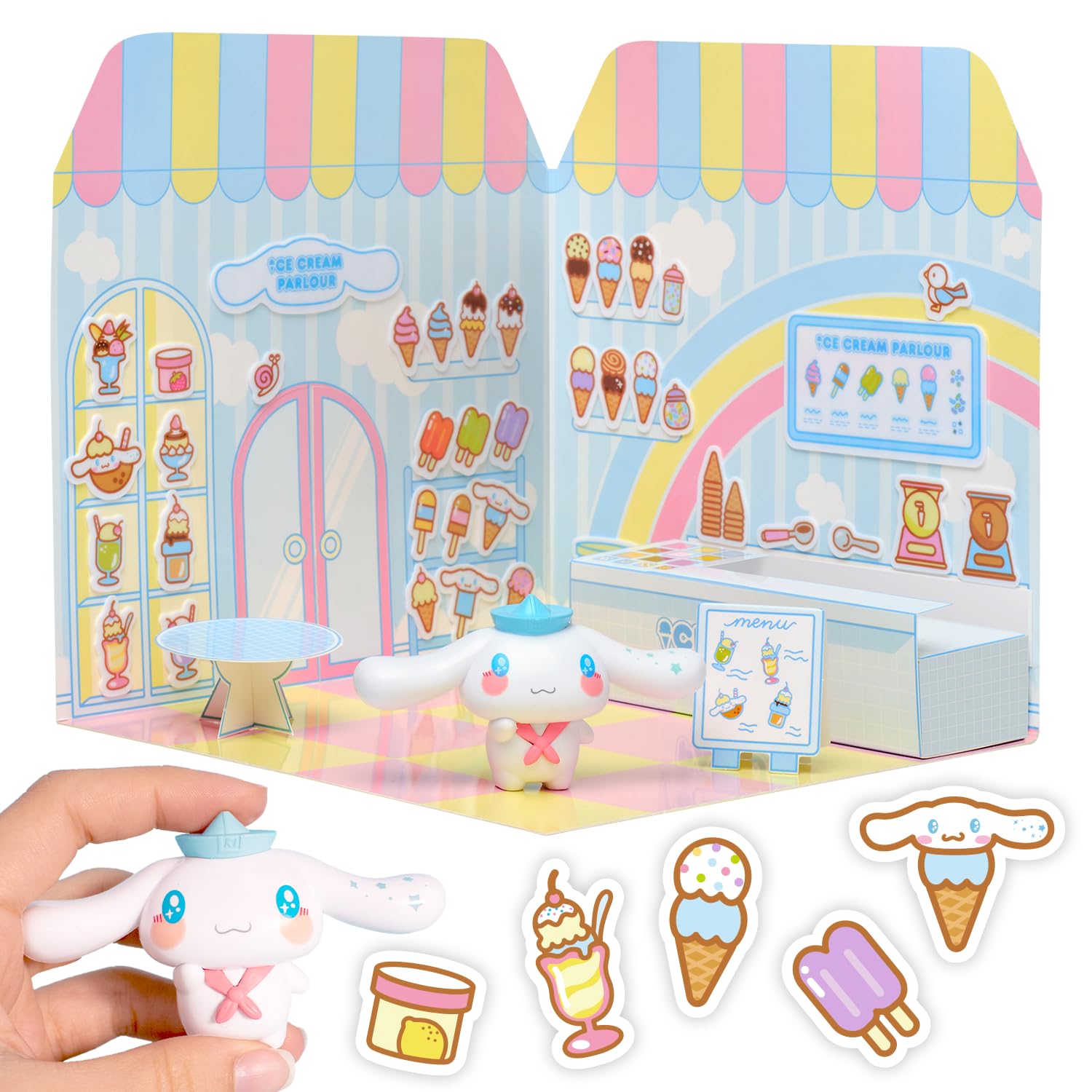Playset Cinnamoroll Ice Cream Parlour 40+ Stickers and 6cm Figurine | 3D House Restaurant Reusable Stickers | Kawaii Foodcourt Sticker House | Comansi