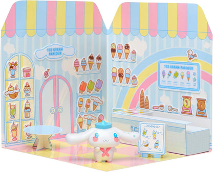 Playset Cinnamoroll Ice Cream Parlour 40+ Stickers and 6cm Figurine | 3D House Restaurant Reusable Stickers | Kawaii Foodcourt Sticker House | Comansi