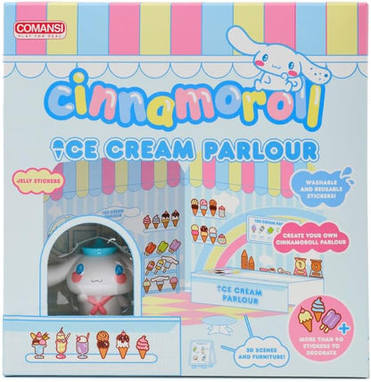 Playset Cinnamoroll Ice Cream Parlour 40+ Stickers and 6cm Figurine | 3D House Restaurant Reusable Stickers | Kawaii Foodcourt Sticker House | Comansi