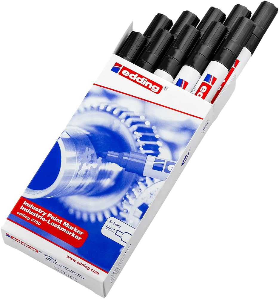 edding 8750 industry paint marker - black - 10 pens - round nib 2-4 mm - paint marker for writing on dusty, slightly oily surfaces, tyres, metal, glass and wood - permanent, waterproof