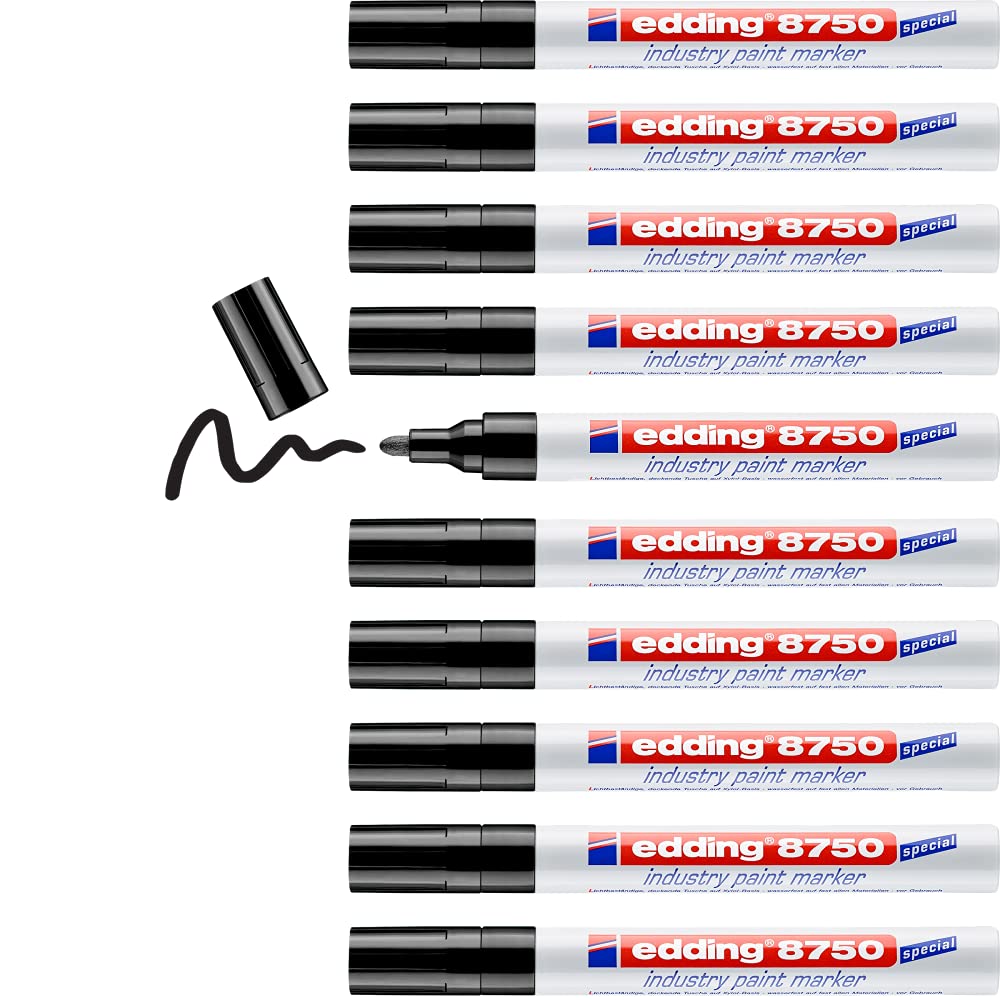 edding 8750 industry paint marker - black - 10 pens - round nib 2-4 mm - paint marker for writing on dusty, slightly oily surfaces, tyres, metal, glass and wood - permanent, waterproof