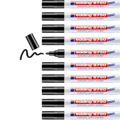 edding 8750 industry paint marker - black - 10 pens - round nib 2-4 mm - paint marker for writing on dusty, slightly oily surfaces, tyres, metal, glass and wood - permanent, waterproof