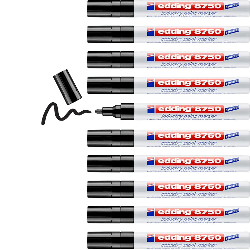 edding 8750 industry paint marker - black - 10 pens - round nib 2-4 mm - paint marker for writing on dusty, slightly oily surfaces, tyres, metal, glass and wood - permanent, waterproof