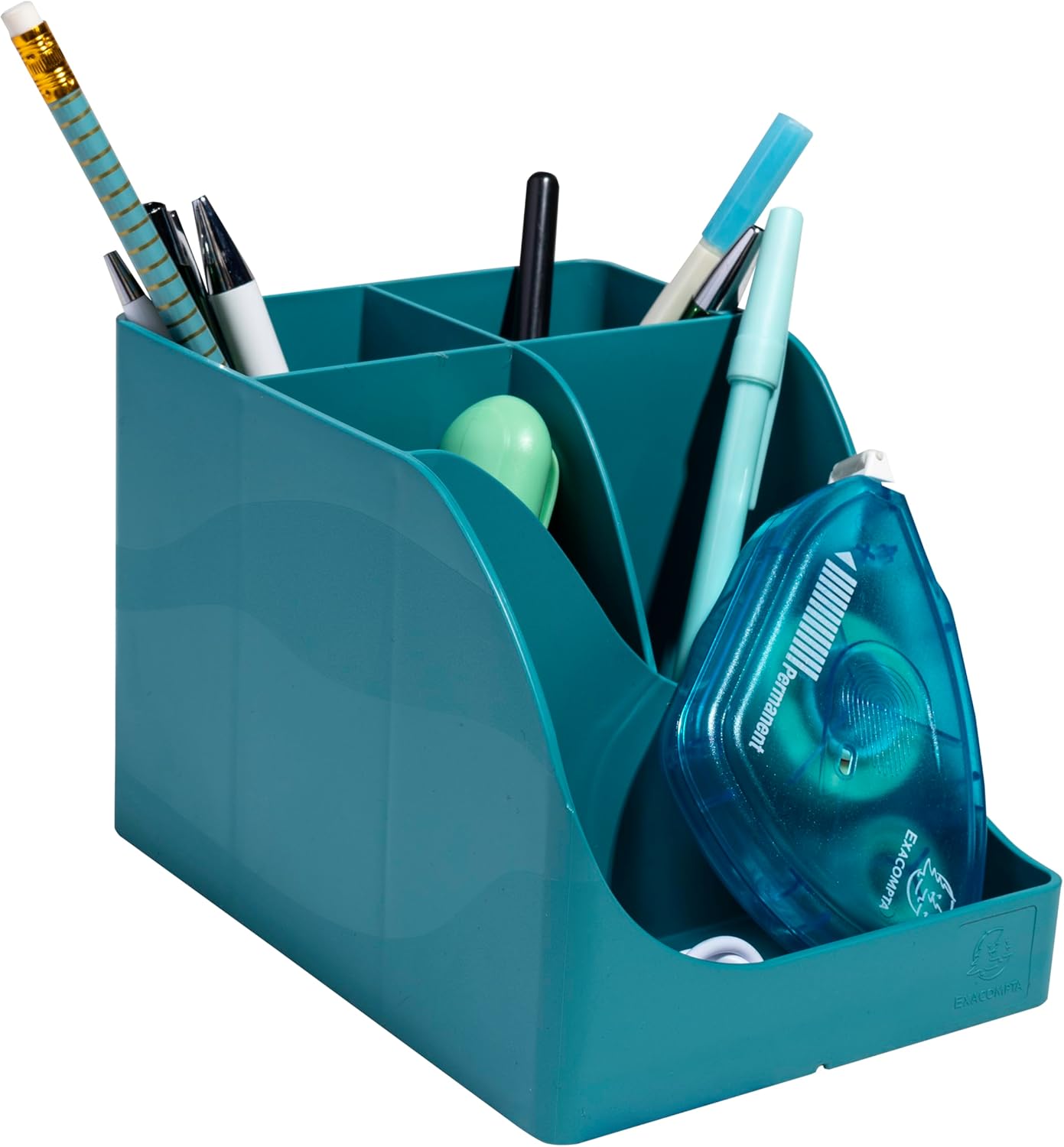 Exacompta - SKU 69534D - 1 Skandi Pen Wave Pencil Holder Pacific Blue - 5 compartments - 4 high compartments for Large Utensils and 1 Bottom Compartment for Small Utensils