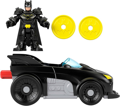 Fisher-Price Imaginext DC Super Friends Metal Force Batmobile Toy Car, 3-inch Batman Action Figure & Accessories Set, Includes Launcher & 2 Discs, JFJ68
