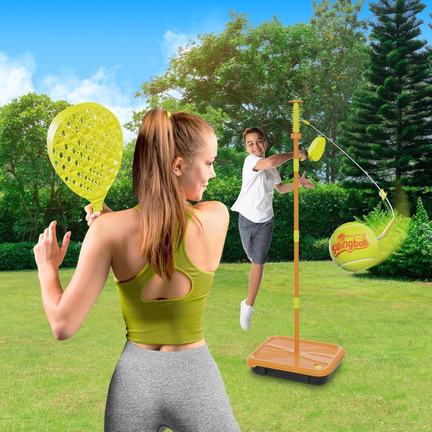 Swingball Turnier | Tennisballspiele mit Stahlmast verstellbar bis 180 cm | 2 Schläger in Padeloptik und Tennisball | zum Spielen allein oder zwischen Freunden | Tennisspielzeug