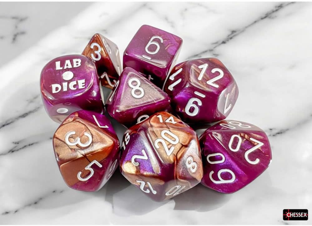 Chessex - Lab Dice 9 - Gemini Polyhedral 7 Dice Set - Copper-Purple/White
