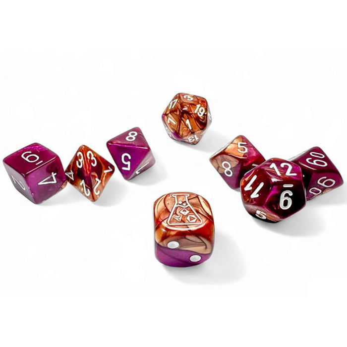 Copper Purple Gemini Dice with White Numbers 7+1 Lab Dice Set 16mm (5/8in) Chessex