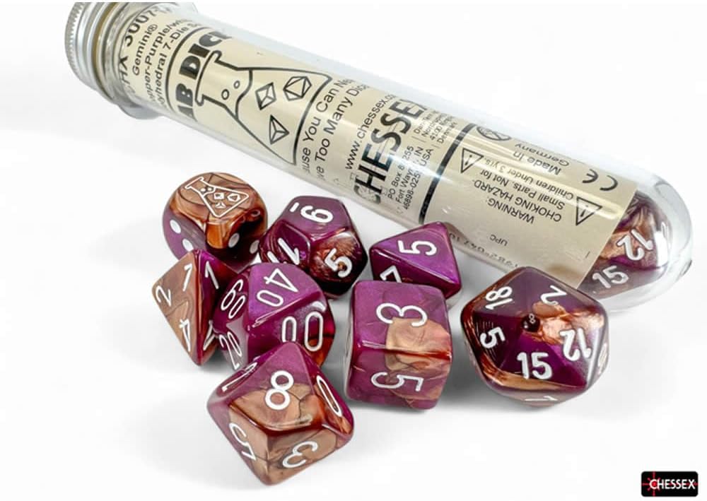 Chessex - Lab Dice 9 - Gemini Polyhedral 7 Dice Set - Copper-Purple/White