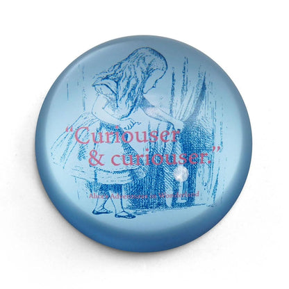 Half Moon Bay Curiouser & Curiouser - Alice's Adventures in Wonderland - Blue/Red 2.7 x 1.2 Inch Glass Office Desk Paperweight