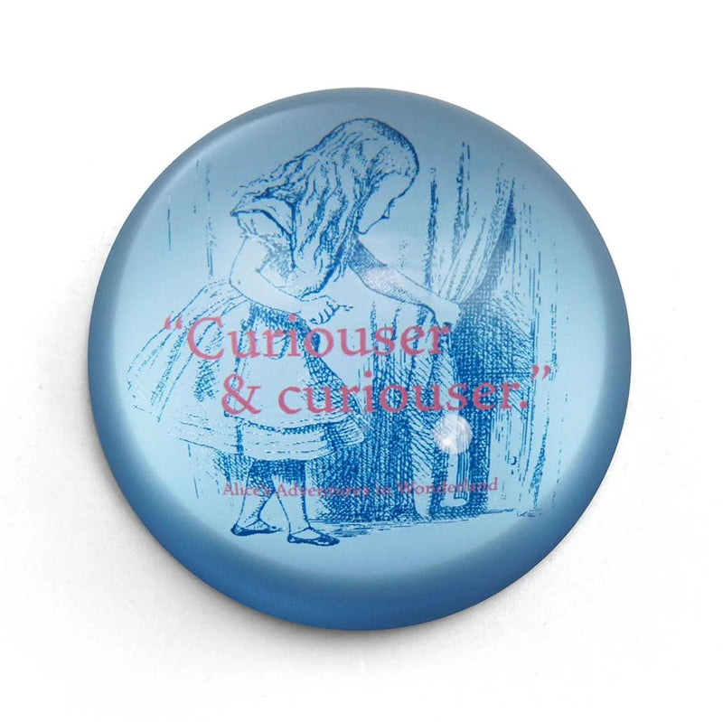 Half Moon Bay Curiouser & Curiouser - Alice's Adventures in Wonderland - Blue/Red 2.7 x 1.2 Inch Glass Office Desk Paperweight