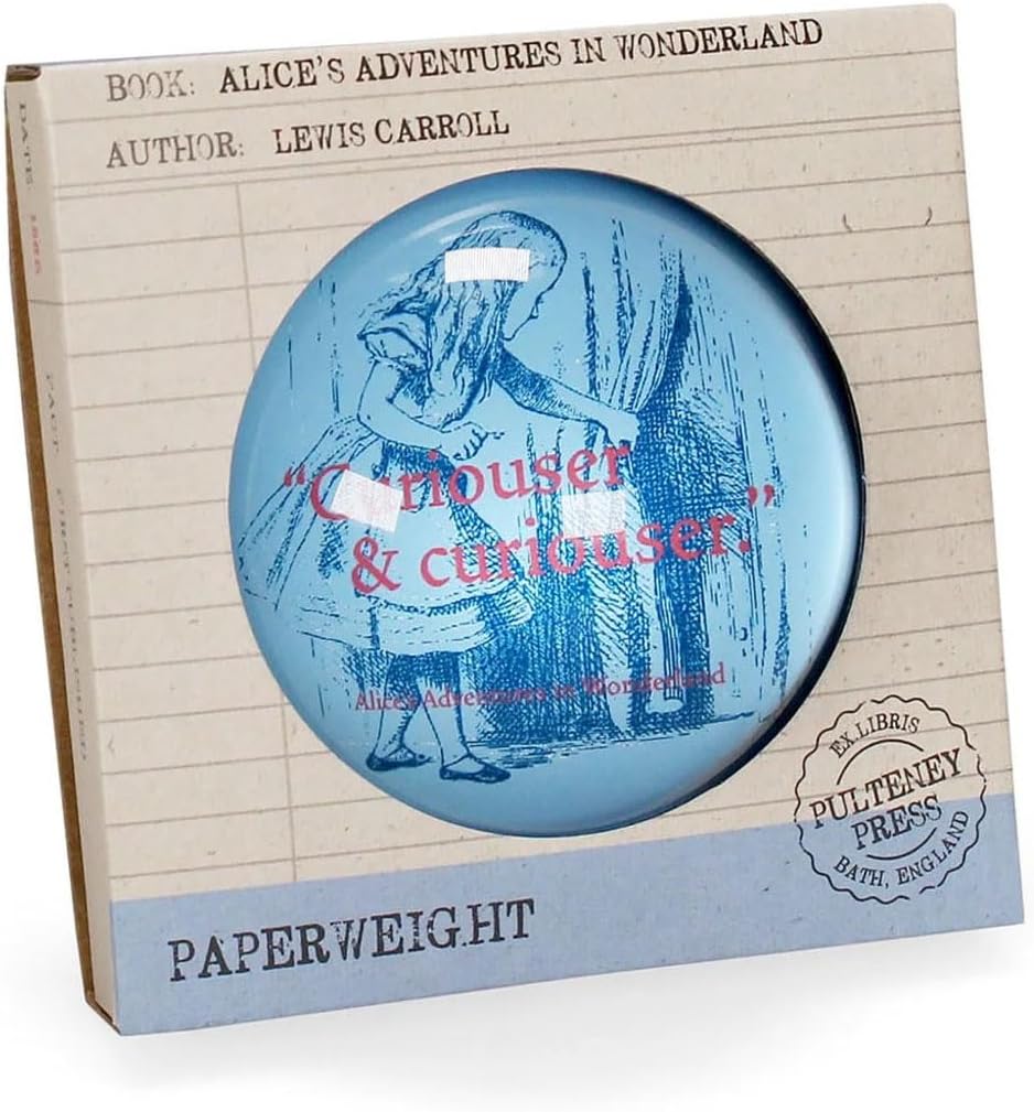 Half Moon Bay Curiouser & Curiouser - Alice's Adventures in Wonderland - Blue/Red 2.7 x 1.2 Inch Glass Office Desk Paperweight