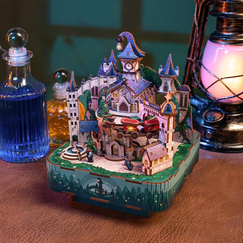 Tonecheer Music Box Wooden 3D Puzzle, Magical Castle DIY Model Kit for Adults, Rotating Music Box, Wooden Puzzle for Home Decoration Gifts for Birthday Christmas