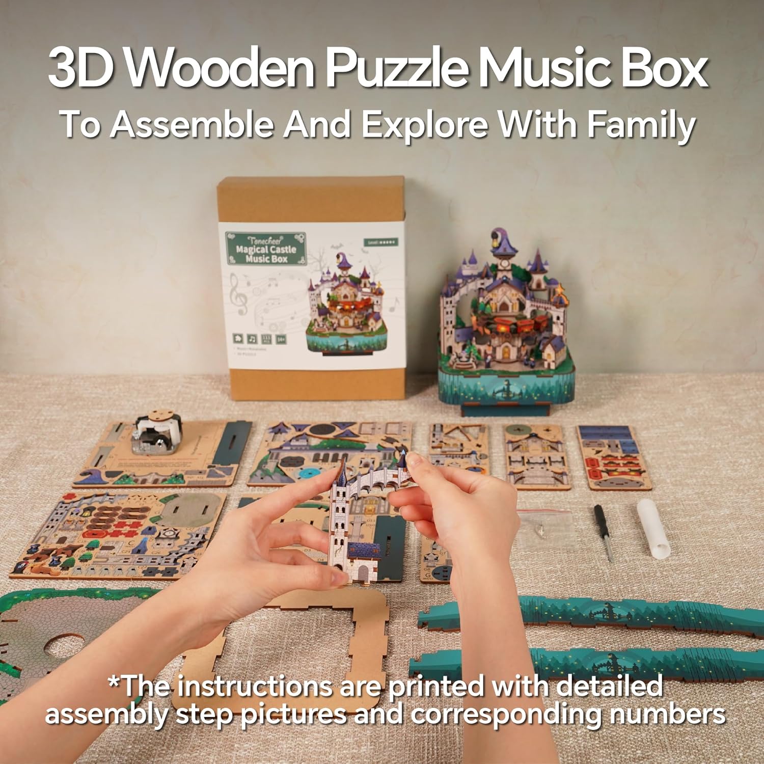 Tonecheer Music Box Wooden 3D Puzzle, Magical Castle DIY Model Kit for Adults, Rotating Music Box, Wooden Puzzle for Home Decoration Gifts for Birthday Christmas