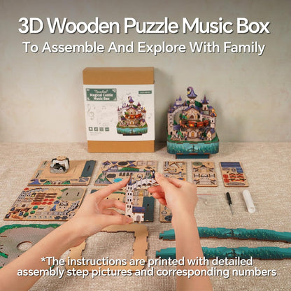 Tonecheer Music Box Wooden 3D Puzzle, Magical Castle DIY Model Kit for Adults, Rotating Music Box, Wooden Puzzle for Home Decoration Gifts for Birthday Christmas