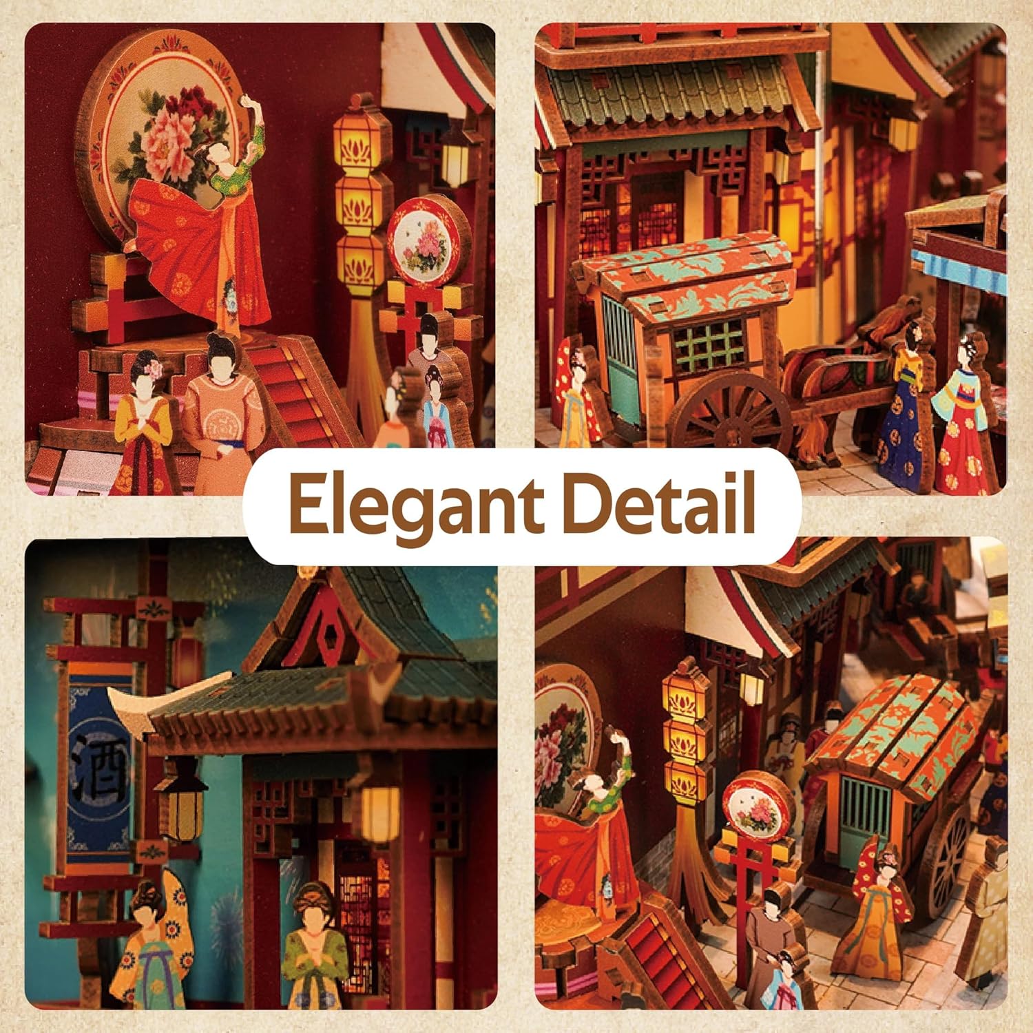 Tonecheer DIY Book Nook Kit, Wooden 3D Puzzle Dollhouse Miniature Building Adult Modeling, Creative Bookcase Decoration with LED Light (The Banquet of the Tang Dynasty)