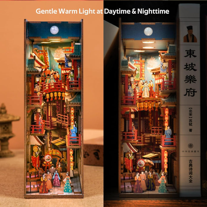 Tonecheer DIY Book Nook Kit, Wooden 3D Puzzle Dollhouse Miniature Building Adult Modeling, Creative Bookcase Decoration with LED Light (The Banquet of the Tang Dynasty)
