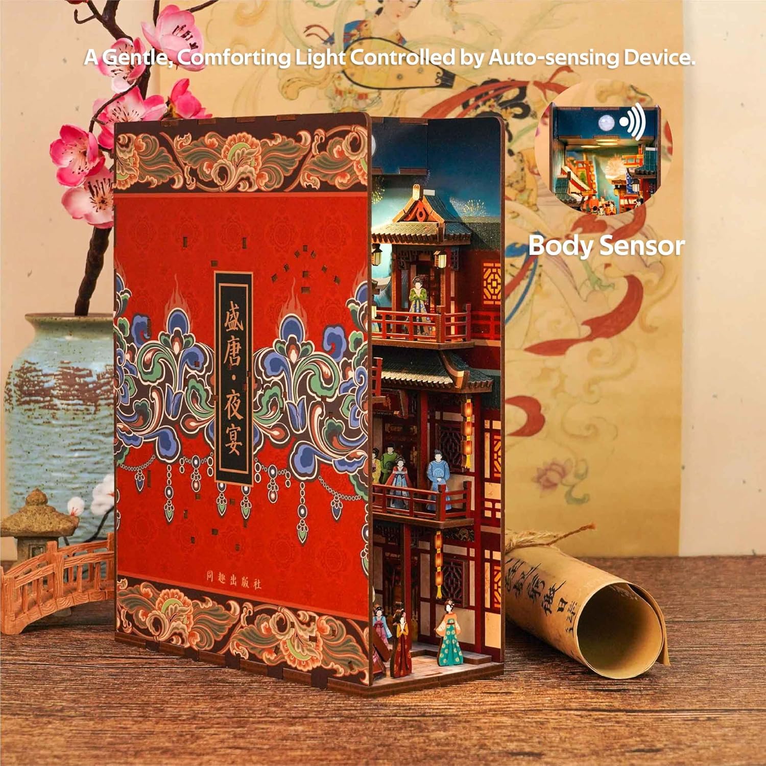 Tonecheer DIY Book Nook Kit, Wooden 3D Puzzle Dollhouse Miniature Building Adult Modeling, Creative Bookcase Decoration with LED Light (The Banquet of the Tang Dynasty)