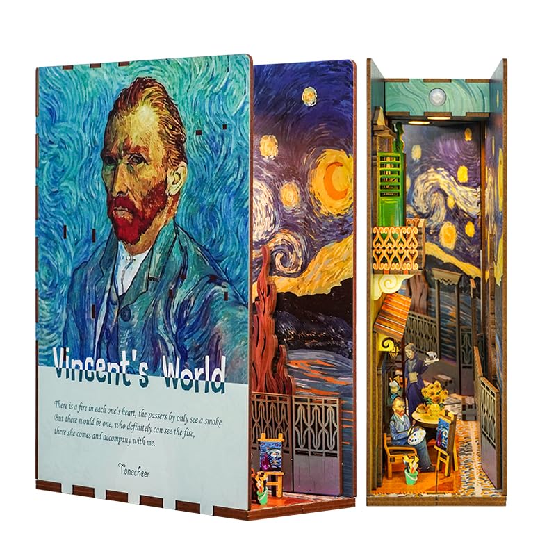 Tonecheer DIY Book Nook Kit Wooden Model Kit 3D Puzzle for Adults to Build Miniature House Craft Kit Booknooks Kits with Light Book Shelf Decor Christmas Birthday Gifts(Vincent's World)