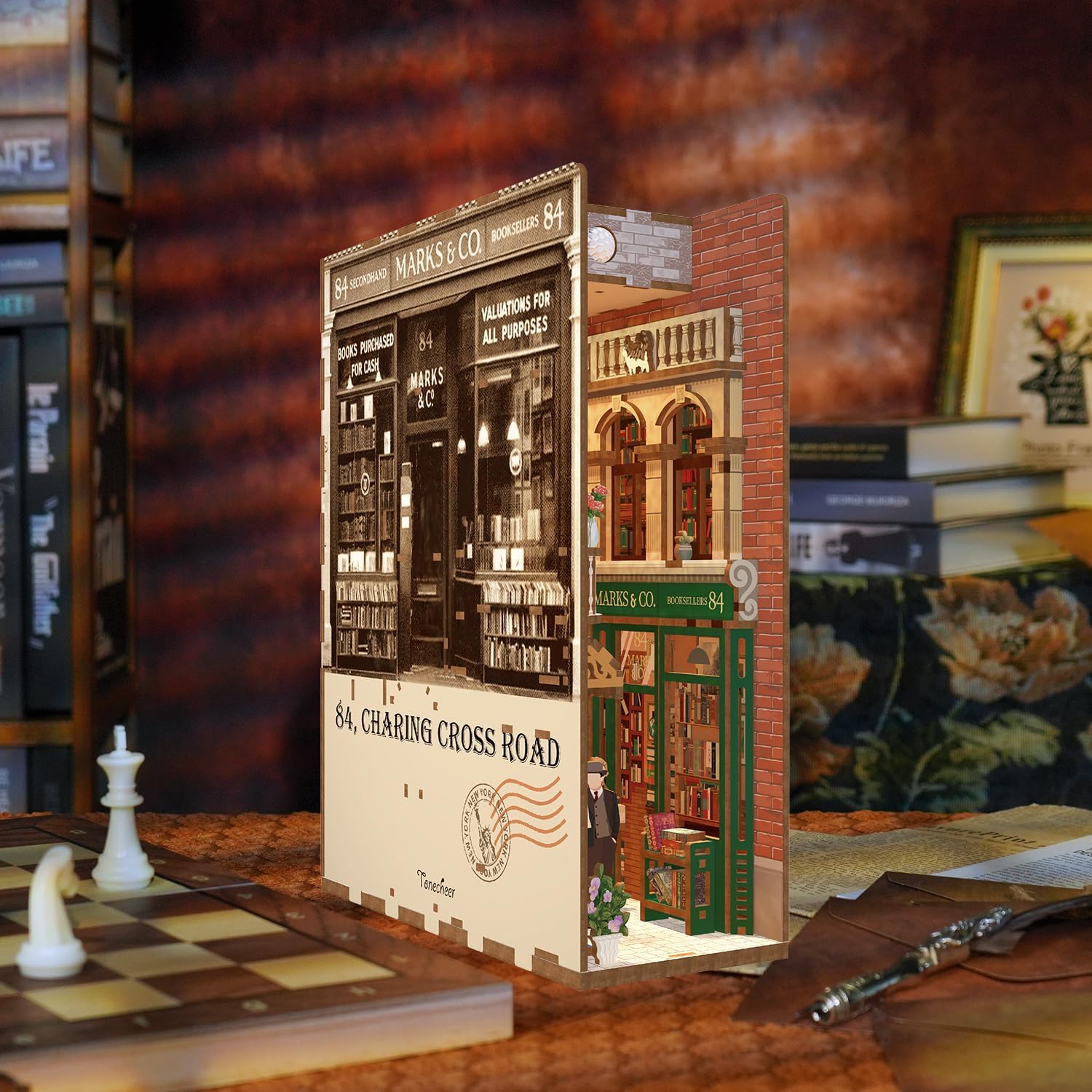 Tonecheer DIY Book Nook Kit Wooden Model Kit 3D Puzzle for Adults to Build Miniature House Craft Kit Booknooks Kits with Light Book Shelf Decor Christmas Birthday Gifts(84 Charing Cross Road