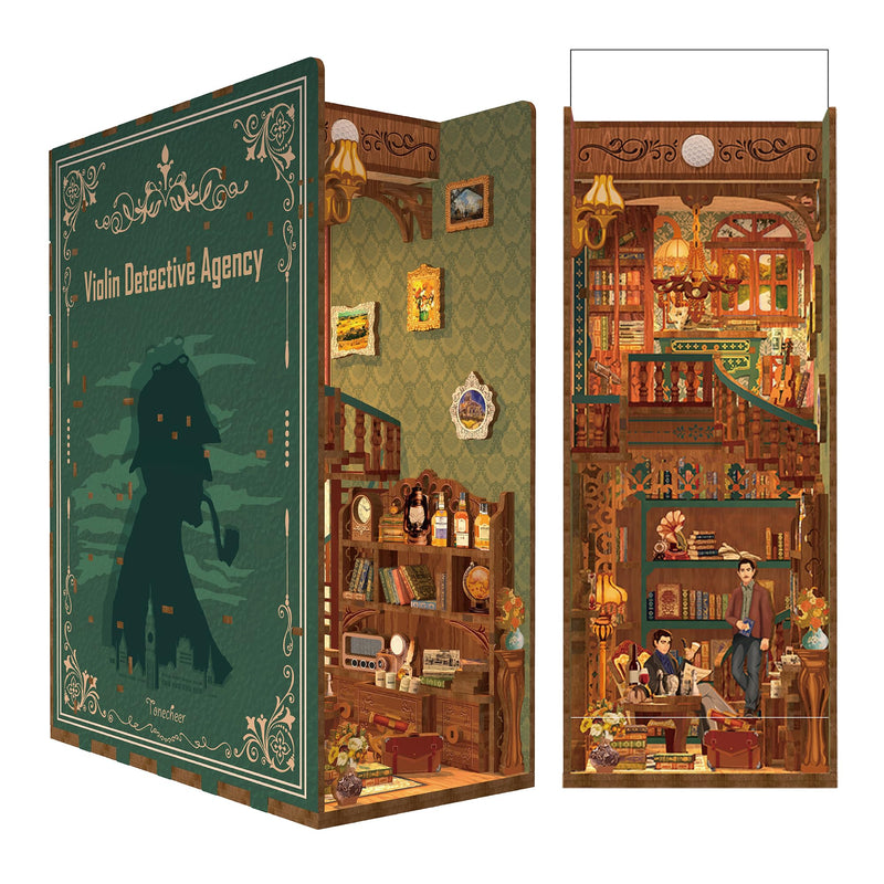 Tonecheer DIY Book Nook Kit - 3D Wooden Puzzle for Adults, Miniature House with Dust Cover Booknook Bookshelf Insert Decor with LED Lights Unique (Violin Detective Agency)