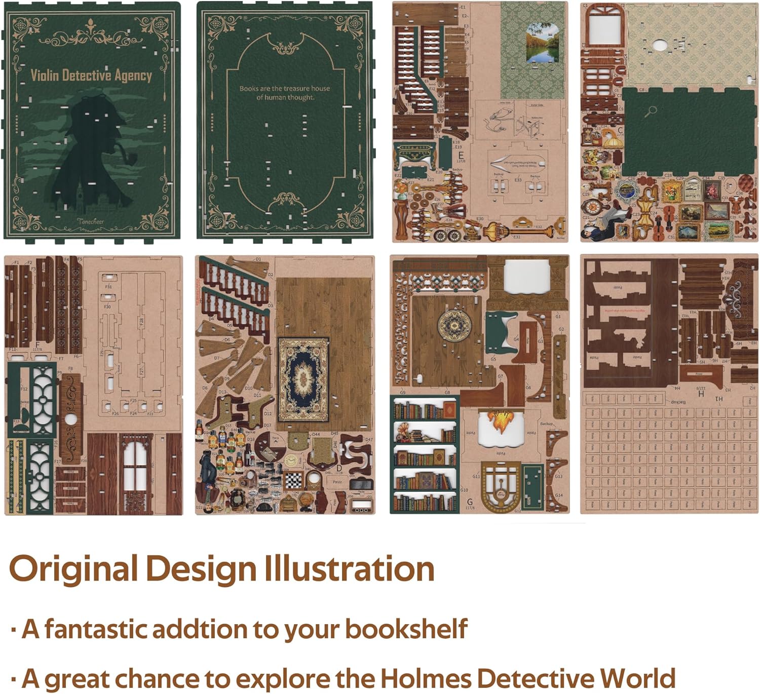 Tonecheer DIY Book Nook Kit - 3D Wooden Puzzle for Adults, Miniature House with Dust Cover Booknook Bookshelf Insert Decor with LED Lights Unique (Violin Detective Agency)