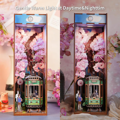 Tonecheer DIY Book Nook Kit for Adults, 3D Wooden Puzzle Bookend Bookshelf Insert Decor Fancy Book, Booknook Miniature House Kit with Sensor LED Light Birthday (Sakura's Travel