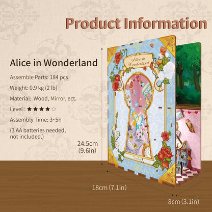 Tonecheer DIY Book Nook Kit Wooden Model Kit 3D Puzzle for Adults to Build Miniature House Kit Dollhouses Miniature House Kit Craft Kit with Light Christmas Birthday Gifts(Alice in Wonderland