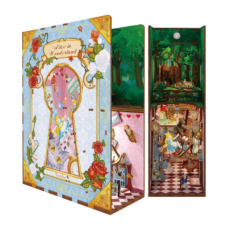 Tonecheer DIY Book Nook Kit Wooden Model Kit 3D Puzzle for Adults to Build Miniature House Kit Dollhouses Miniature House Kit Craft Kit with Light Christmas Birthday Gifts(Alice in Wonderland