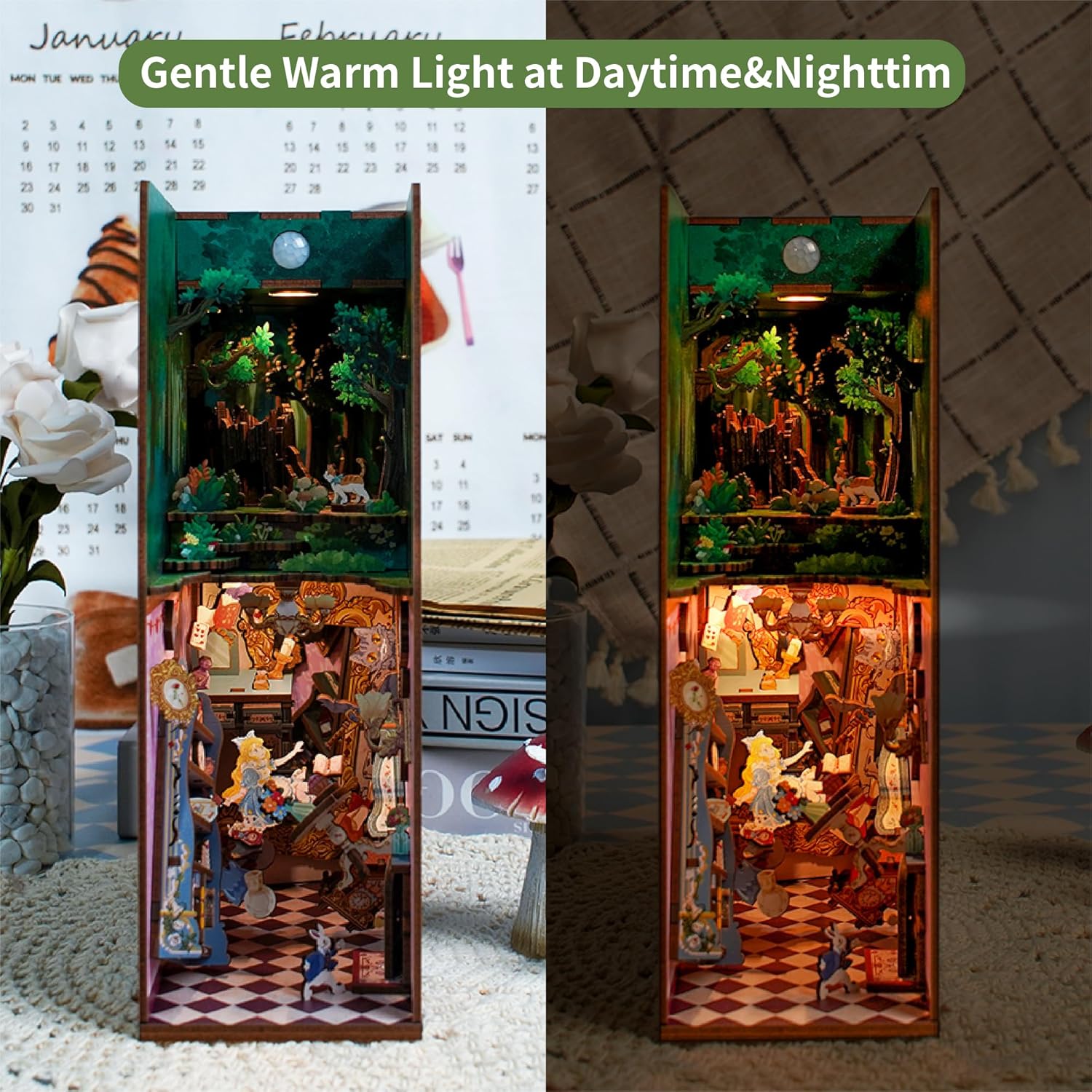 Tonecheer DIY Book Nook Kit Wooden Model Kit 3D Puzzle for Adults to Build Miniature House Kit Dollhouses Miniature House Kit Craft Kit with Light Christmas Birthday Gifts(Alice in Wonderland