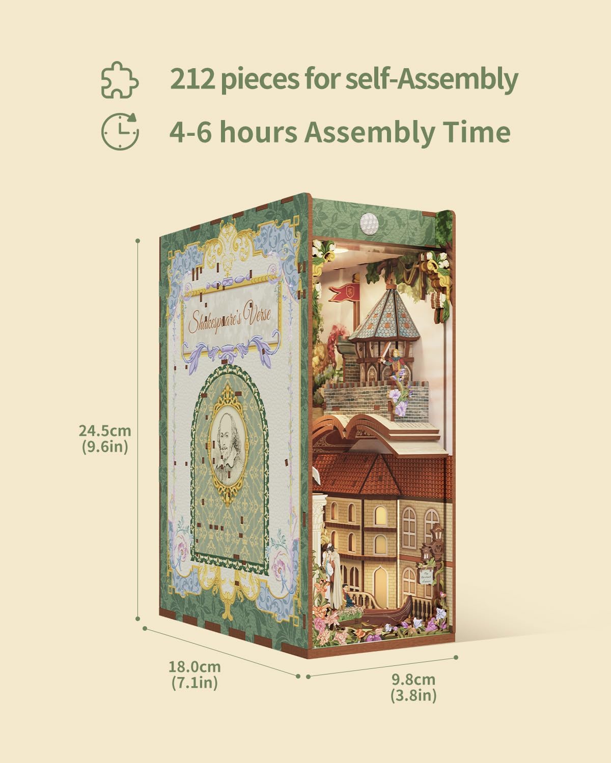 Tonecheer x British Library DIY Book Nook Kit, Shakespeare 3D Wooden Puzzle for Adults, Miniature House Kit Booknook Bookshelf Insert Decor with LED Lights Craft Gifts (Shakespeare's Verse