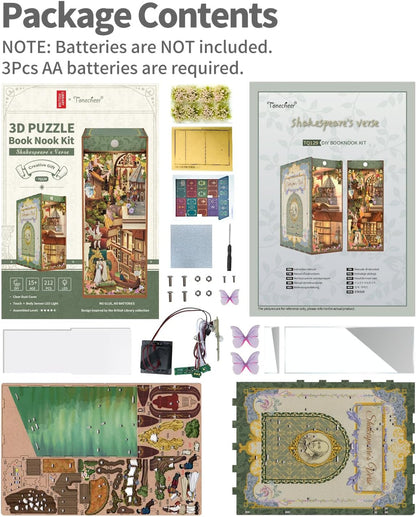 Tonecheer x British Library DIY Book Nook Kit, Shakespeare 3D Wooden Puzzle for Adults, Miniature House Kit Booknook Bookshelf Insert Decor with LED Lights Craft Gifts (Shakespeare's Verse