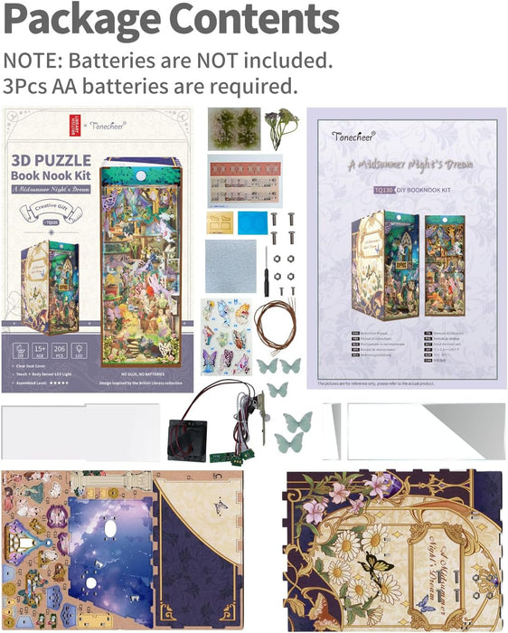 Tonecheer x BRITISH LIBRARY DIY Book Nook Kit, Shakespeare 3D Wooden Puzzle for Adults,Miniature House Booknook Bookshelf Insert Decor with LED Lights Unique Gifts(A Midsummer Night's Dream