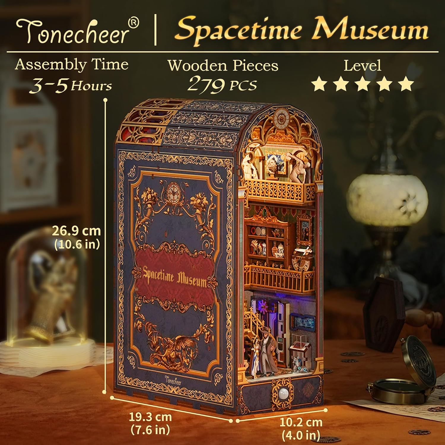 Tonecheer DIY Book Nook Kit mit Staubschutz und LED-Licht, 3D Holz Puzzle, kreative Buchstütze für Bibliothek, Geschenkideen für Erwachsene(Raumzeitmuseum