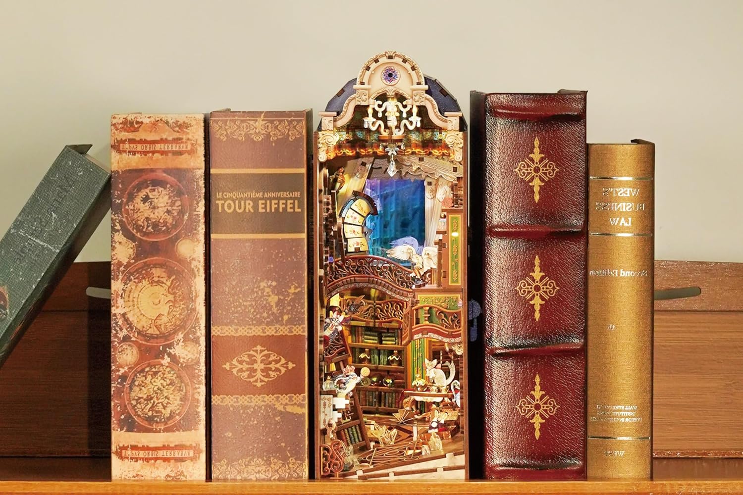 Tonecheer Book Nook Kit with Dust Cover and LED Light, Magical Library Booknook DIY Miniature House 3D Wooden Puzzle, Movable and Rotating Parts, Creative Bookshelf Decor, Unique Gift for Adults