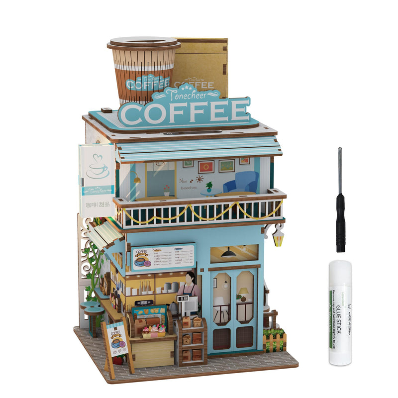 Tonecheer 3D Puzzle Box for Adults, Miniature DIY Dollhouse Kit Creative Wooden Storage Box House Desktop Home Decor Body Sensor Auto Lid Opening for Kids Birthday Gift(Cape Coffee Shop