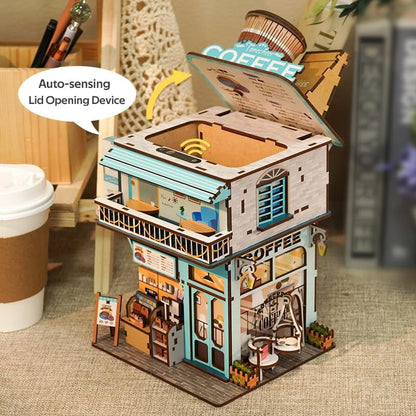 Tonecheer 3D Puzzle Box for Adults, Miniature DIY Dollhouse Kit Creative Wooden Storage Box House Desktop Home Decor Body Sensor Auto Lid Opening for Kids Birthday Gift(Cape Coffee Shop